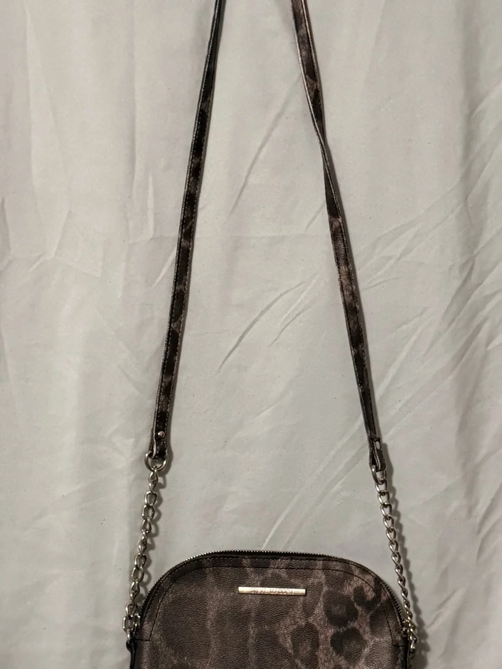 Steve Madden Metallic Leopard Print Dome Crossbody Bag Silver Chain Strap